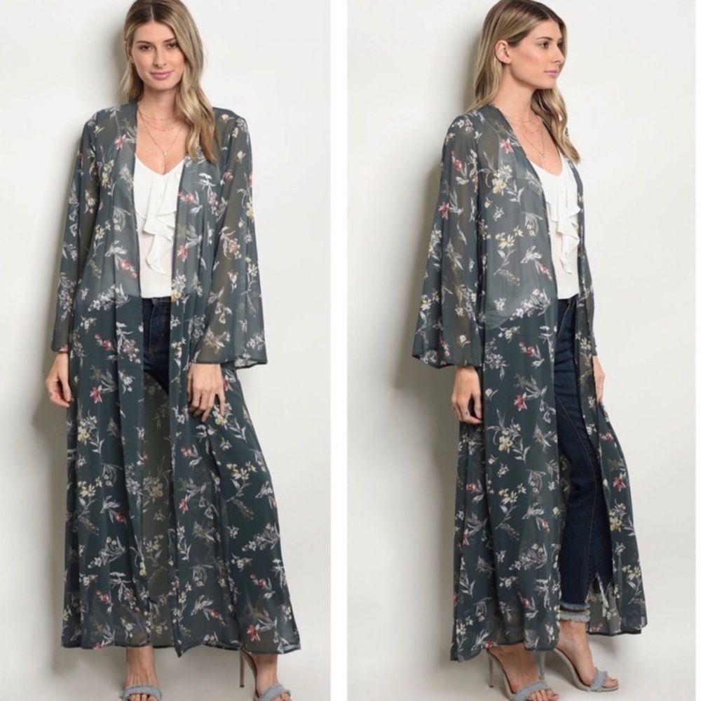 Floral Sheer Kimono in Dark Forest Green